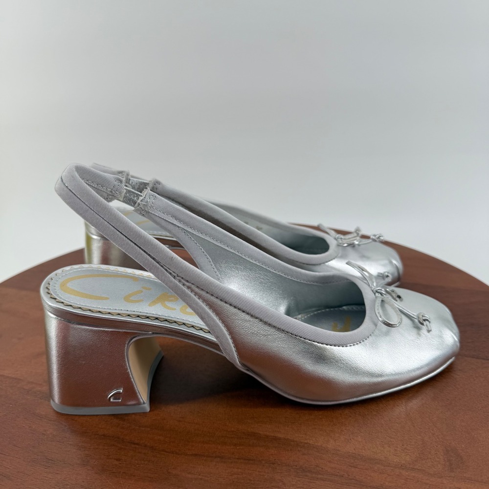 Circus NY Diane Soft Silver Slingback Block Heel Square Toe Bow Pumps Women 8.5M
